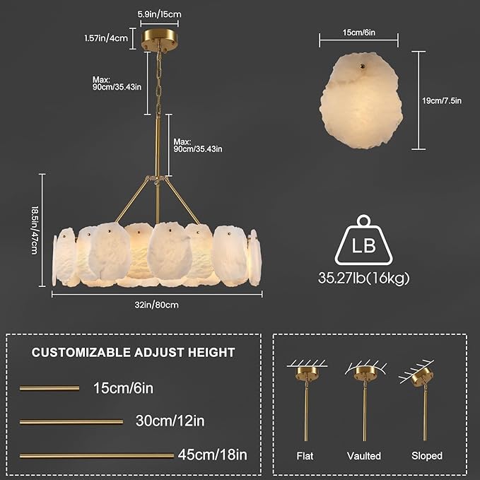 Round Alabaster Chandelier, 32in Spanish Marble Chandeliers for Dining Room, Alabaster Modern Chandeliers for Living Room, Adjustable Gold Chandelier for Bedroom, Bathroom, Kitchen, Foyer, Entryway