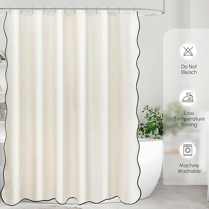 Scalloped Shower Curtain Linen Textured with 12 Metal Hooks Cute Modern Style, Washable Waterproof Cloth Shower Curtains with Black Border for Bathroom Decor Hotel Bathtub, Beige/Cream, 72x72