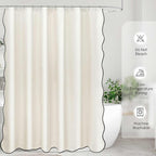 Scalloped Shower Curtain Linen Textured with 12 Metal Hooks Cute Modern Style, Washable Waterproof Cloth Shower Curtains with Black Border for Bathroom Decor Hotel Bathtub, Beige/Cream, 72x72