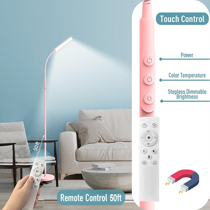 Pink LED Bright Floor Lamp with Remote & Smart Plug, Dimmable Eye-Caring Reading Light for Living Room, Bedroom, Office