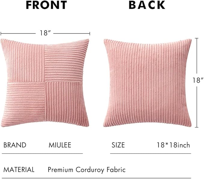 MIULEE Blush Pink Corduroy Pillow Covers Pack of 2 Boho Decorative Spliced Throw Pillow Covers Soft Solid Couch Pillowcases Patchwork Cushion Covers for Living Room Bed Sofa 18x18 inch Valentines Day