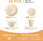 Homienly 32 PCS KItchen Wheat Straw Dinnerware Sets for 8, Reusable Plates and Bowls Sets, Dishes Set for 8, Alternative to Plastic Dish Set for Camping, PIcnic, Microwave and Dishwasher Safe - Beige