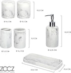 ZCCZ White Marble Bathroom Accessories Set 6 Pieces - Toothbrush Holder, Lotion Dispenser, Qtip Container, Vanity Tray, Tumbler - Countertop Organizer for Bathrooms - Elegant and Functional Décor Set