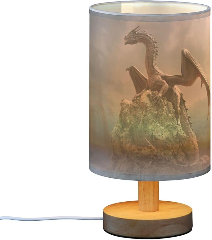 Table Lamp Dragon on Rock Nightstand Lamp with Wood Base Fabric Lamp Shade Bedside Desk Lamp for Living Room Bedroom Kids Room Office