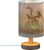 Table Lamp Dragon on Rock Nightstand Lamp with Wood Base Fabric Lamp Shade Bedside Desk Lamp for Living Room Bedroom Kids Room Office