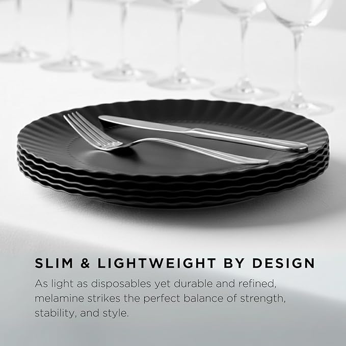 TP 6-Piece Melamine Plates Set, 10.5-Inch Reusable Dinner Plates for Picnic, Party, BBQ & Camping, Dishwasher Safe Lightweight Tableware, Black