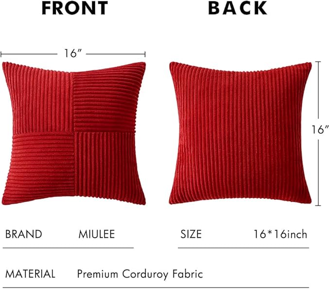 MIULEE Christmas Red Corduroy Pillow Covers Pack of 2 Boho Decorative Spliced Throw Pillow Covers Soft Solid Couch Pillowcases Cross Patchwork Cushion Covers for Living Room Bed Sofa 16x16 inch