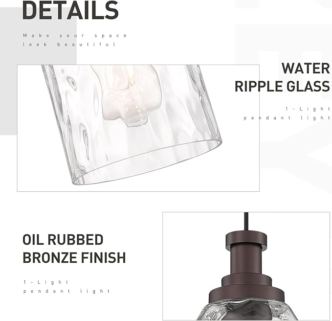 zeyu 1-Light Kitchen Hanging Light Fixture, Farmhouse Island Pendant Lighting, Water Ripple Glass Shade, Oil Rubbed Bronze Finish, ZG33M1L-L ORB-WG