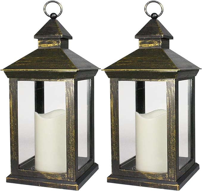 Bright Zeal 2-PACK 14 Inch Vintage Decorative Candle Lanterns With Timer - IP44 Waterproof Distressed Gold Decorative Outdoor Lanterns Battery Powered - Hanging Decorative Lanterns For Wedding Indoors