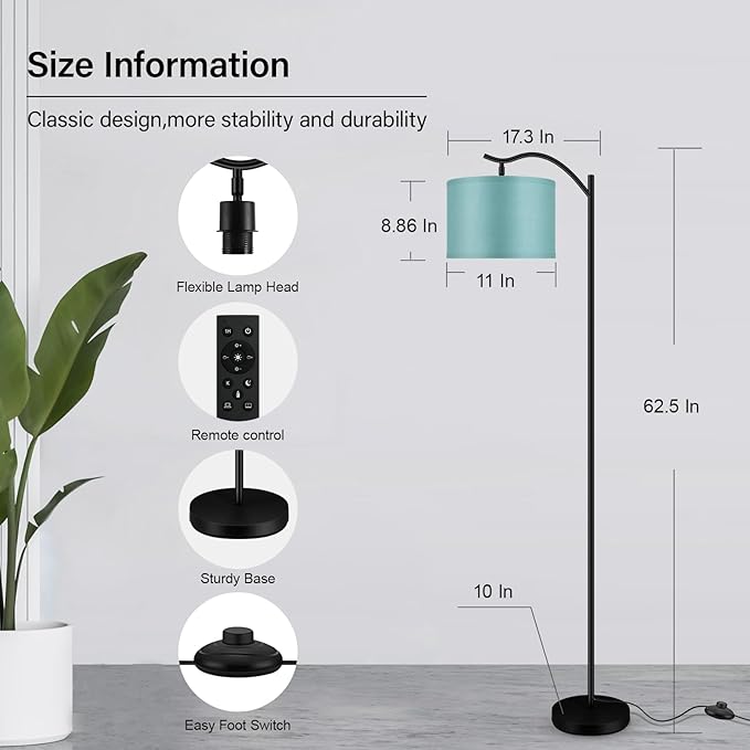 BoostArea Floor Lamp for Living Room,Arc Floor Lamp Remote Control,Stepless Dimmable Brightness & Colors Temperature 2700k-6500k,Foot Switch,Modern Standing Lamp for Bedroom Study Room Office,Green