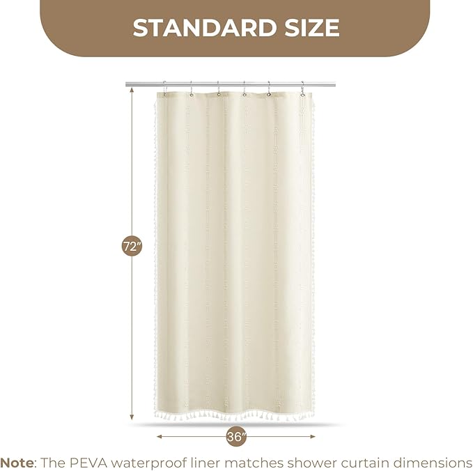 downluxe Linen Texture 3 in 1 Farmhouse Shower Curtain Set with Tassel, Boho Fabric Shower Curtains for Bathroom, Cream, 36W x 72L