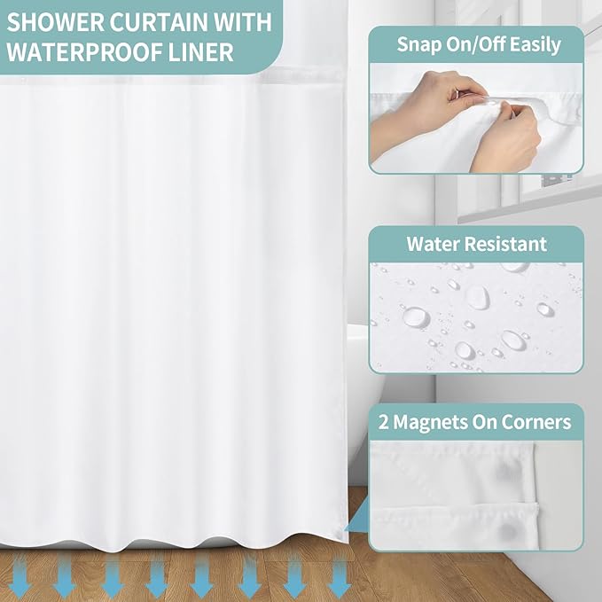 Muuyi Teal Watercolor Floral Shower Curtain,No Hook Shower Curtain,Polyester Shower Curtains with Snap in Fabric,Sheer Top Window for Bathroom Decor,Waterproof & Washable,72W x 75L Inch