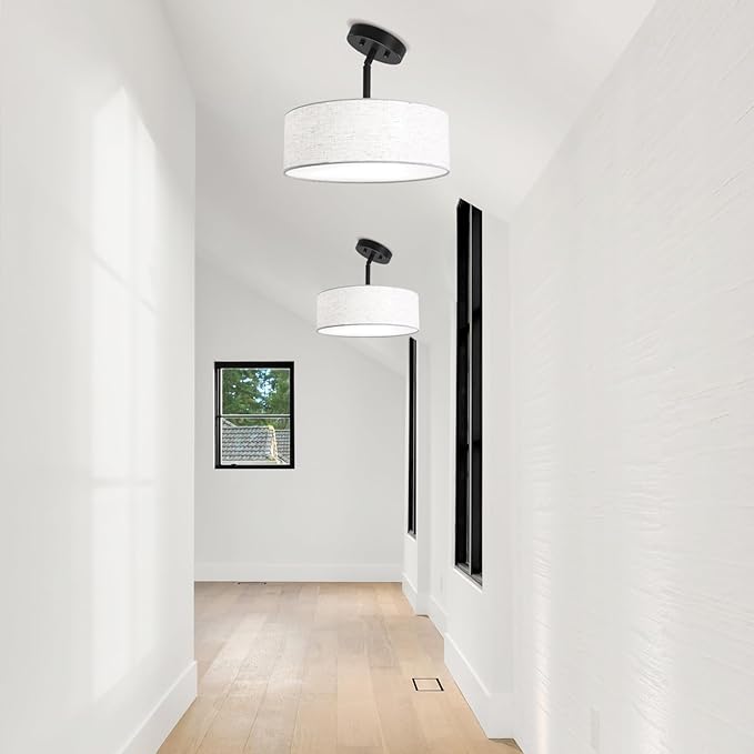 ALISADABOY Black Chandeliers with Lampshade Modern Chandelier 12.59 inches Contemporary 3 Light Semi Flush Mount Ceiling Light Drum Light Fixture for Kitchen Entryway Closet Hallway Bedroom