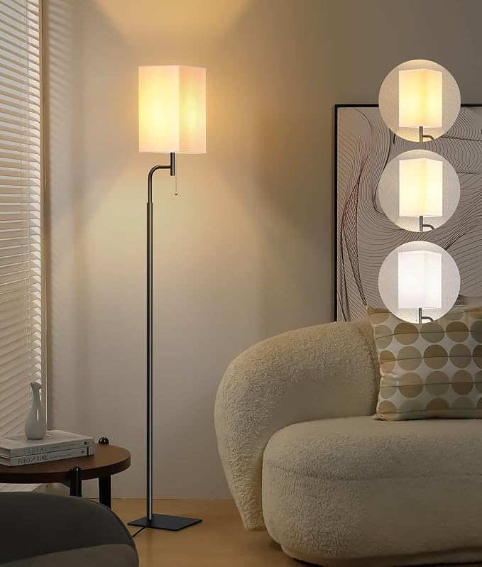 Floor Lamps for Living Room with 3 Color Temperatures, Modern Standing Tall Lamp for Bedroom, Square Linen Shade, Minimalist Pole Lamp for Office Kids Room Working Reading