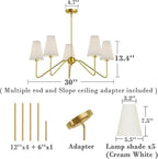 Electro bp;30" Dia 5-Arm Classic Chandeliers Polished Gold with White Linen Shades,Ceiling Light Fixture for Dining Room,Living Room,Entryway,E12,200W