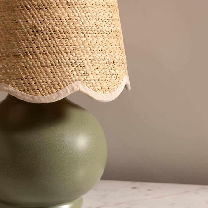 BoutiqueRugs Navarro Boho Ceramic Bedside Table Lamp for Bedroom Nightstand and Living Room - Shade Rattan - Green, Beige - 13" H