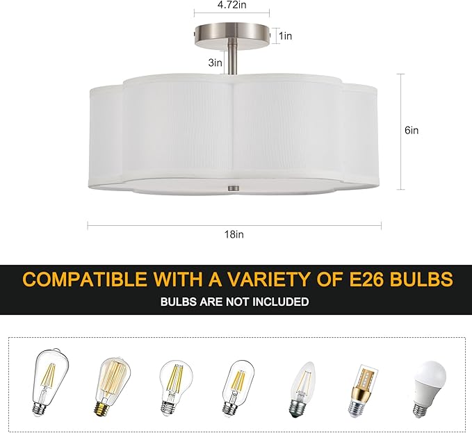 18" Modern Semi Flush Mount Ceiling Light Modern 3-Lights Linen Drum Ceiling Lighting with Chrome Finish, Vintage Ceiling Light for Living Room, Kitchen, Basement, Laundry Room, Bedroom