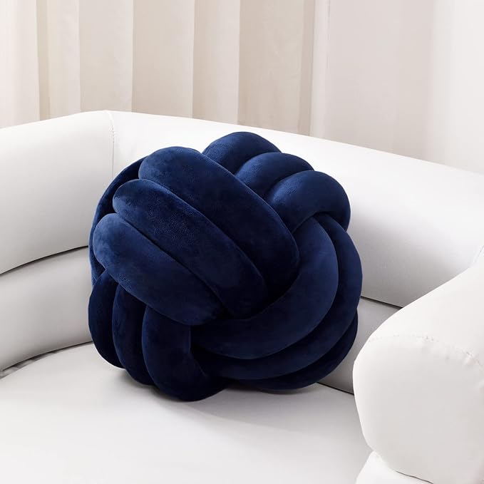 Sioloc Soft Knot Ball Pillows,Round Throw Pillow Cushion Home Decoration Plush Pillow,Throw Knotted Pillow Handmade Round Plush Pillow（10.6inches,Navy）