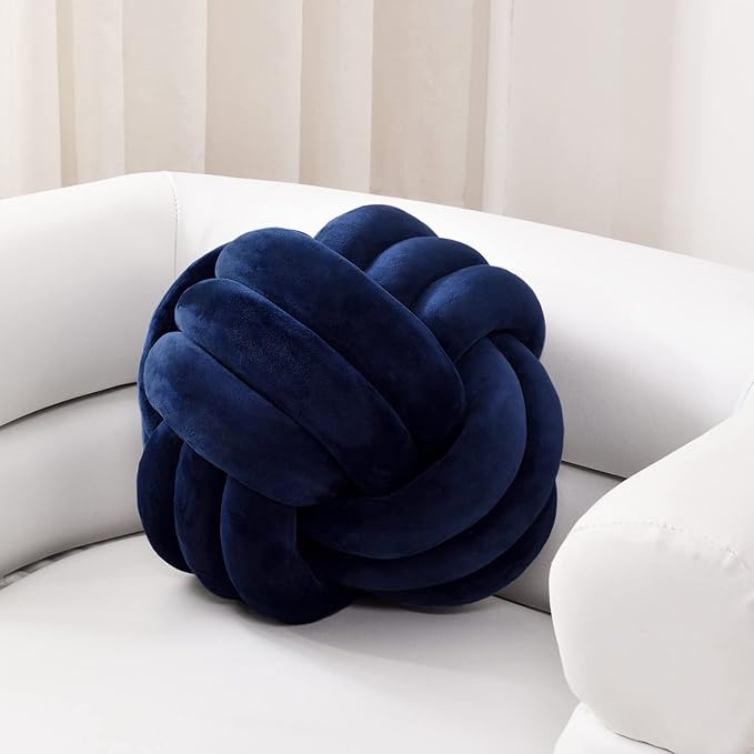 Sioloc Soft Knot Ball Pillows,Round Throw Pillow Cushion Home Decoration Plush Pillow,Throw Knotted Pillow Handmade Round Plush Pillow（13.7inches,Navy）