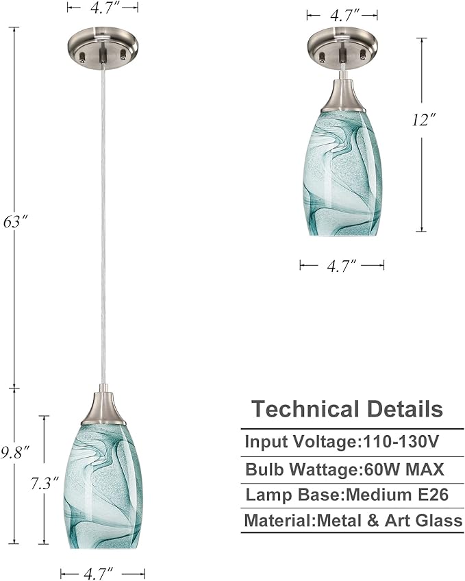 Mini Pendant Lights Kitchen Island Light Brown Glass Lamp Shade Hand Blown Glass Pendant Light with Brush Nickel Finish Adjustable Cord for Kitchen Over Sink (Green Marble-3Packs)