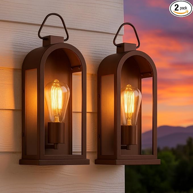 Vintage Outdoor Wall Light Fixtures (2 Pack) - Dark Brown Porch Lantern/Exterior Wall Sconce, Glass Shade, Sturdy Metal Frame, Waterproof & Anti-Rust, for Entryway/Garage/Patio/Doorway, E26 Socket