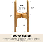 Fox & Fern Adjustable Plant Stand Indoor — 8 to 12 Inch Premium Mid Century Bamboo Plant Stand with Adjustable Width; Plug In Design; Easy to Assemble; Two Heights - For 8, 9, 10, 11 & 12 Inch Pots