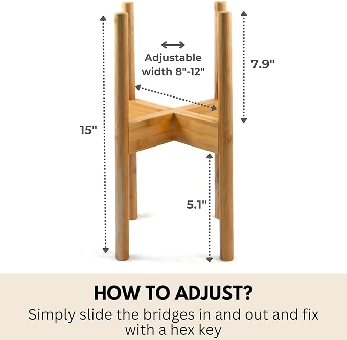 Fox & Fern Adjustable Plant Stand Indoor — 8 to 12 Inch Premium Mid Century Bamboo Plant Stand with Adjustable Width; Plug In Design; Easy to Assemble; Two Heights - For 8, 9, 10, 11 & 12 Inch Pots