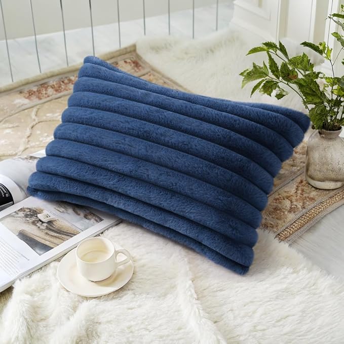 decorUhome Faux Fur Throw Pillow Covers 12x20 Set of 2, Decorative Soft Plush Striped Lumbar Neutral Couch Euro Pillow Covers with Velvet Back for Sofa, Bed, Living Room Home Decor, Blue
