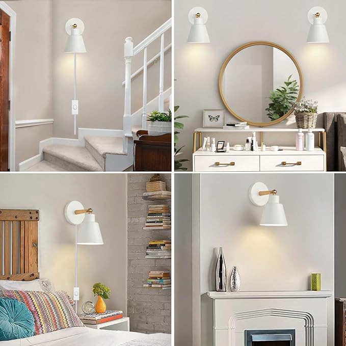 ClanKin Plug in Wall Sconces Lighting Fixture Set of 2, Bedside Wall Mounted Lamp for Industrial Bedroom Hallway Living Room (2 Pack White with 1.8M Plug in Cord)