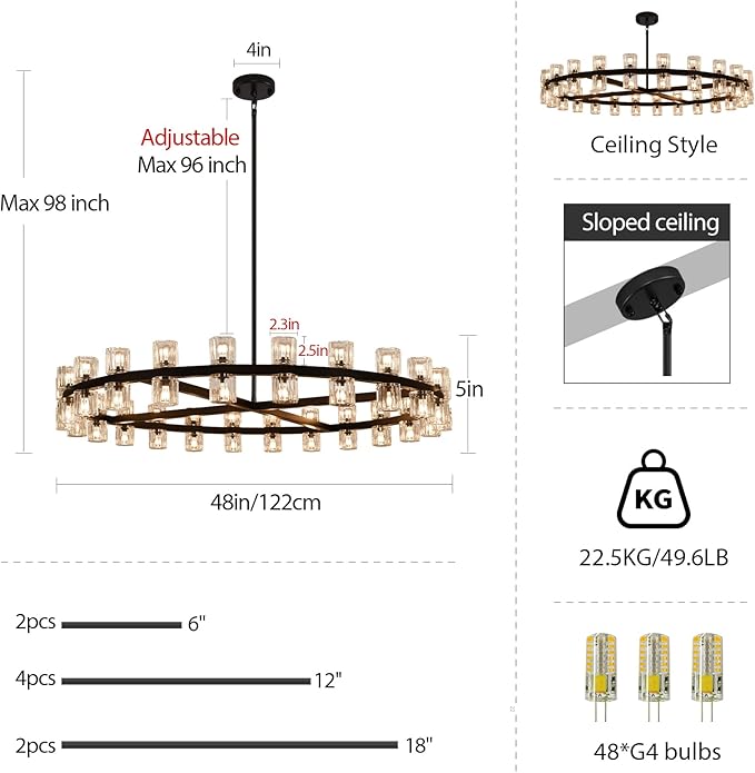 Modern 48 inch Black Round Chandeliers Light Fixture, Crystal Chandeliers for Dining Room, Living Room Chandelier, Wagon Wheel Chandelier Over Table, Suitable for Bedroom,Foyer,Includes Bulb