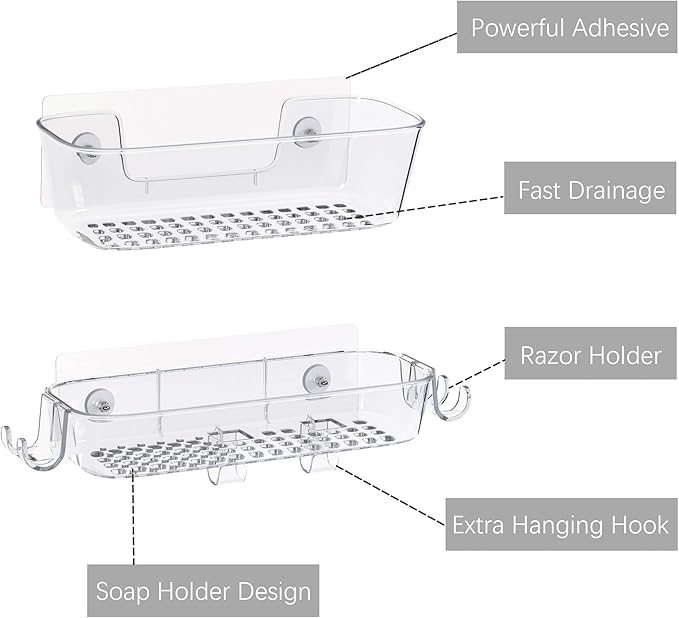 TZAMLI Shower Caddy, Adhesive Shower Organizer Rustproof Shelf with Razor Holder and Hook, Wall Mounted Shelves Rack for Bathroom Kitchen Storage (Clear, 2 Pack)