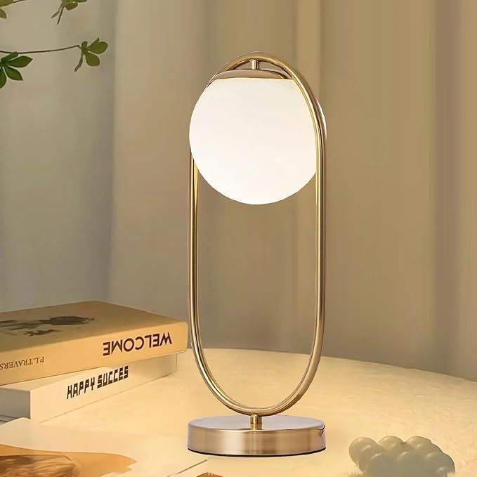 Mid Century Modern Gold Table Lamp White Glass Shade Nightstand Lamp Small Table Lamp for Bedside Bedroom Living Room Office