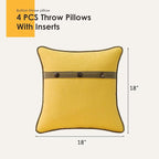 Outdoor Sunbrella Decorative Pillows with Triple Coconut Buttons Pack of 4, 18" x 18" Outdoor Pillow Set for Couch Bed Throw Patio Sofa, Spectrum Daffodil/Canvas Cocoa