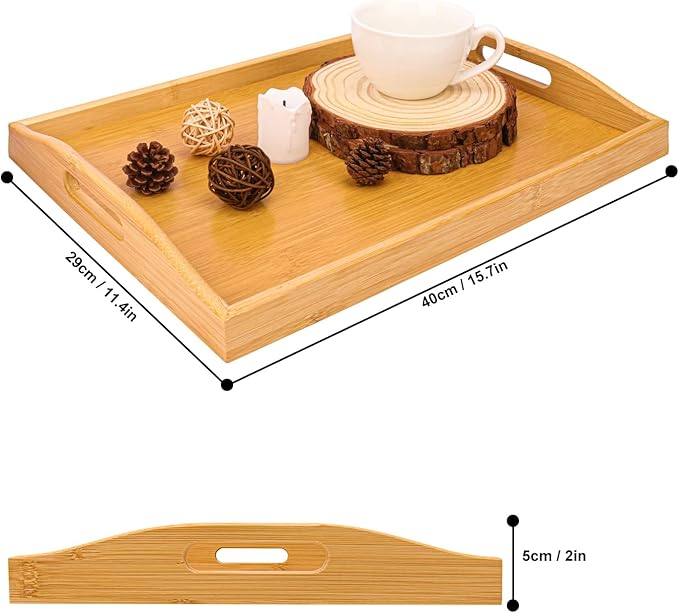 3 Pack Bamboo Serving Tray, 16x 11.6 Inch Wooden Serving Trays with Handles, Bamboo Trays for Serving Food, Perfect for Dinner, Tea, Bar, Breakfast, and Food for Parties, Bed, & Kitchen