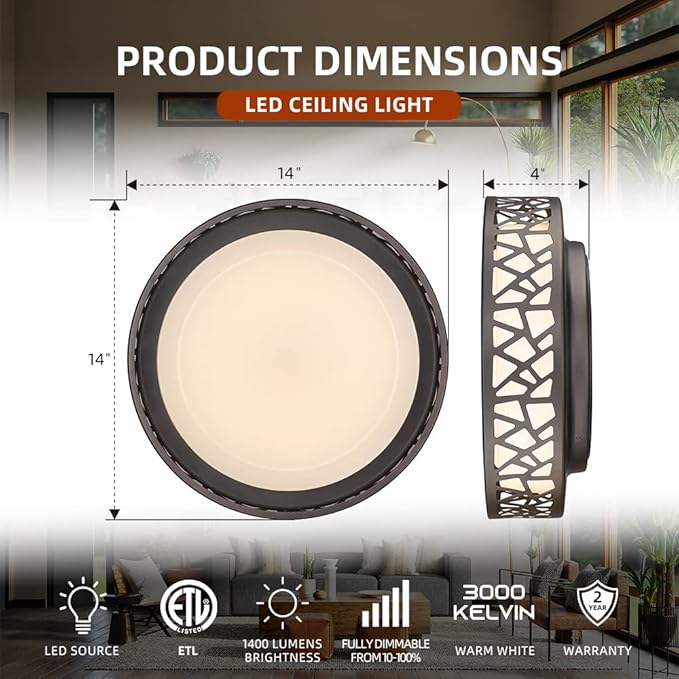 LED Flush Mount Ceiling Light 2 Pack, 14 Inch 20W Dimmable Round Deco Lighting Fixture Oil Rubbed Bronze Finished,1400 Lumens 3000K Warm White, ETL Listed Metal Body White Acrylic Lampshade