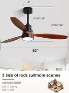 Sofucor Ceiling Fan with Lights, 52 Inch Mordern Wood Ceiling Fan with Remote for Indoor Farmhouse Bedroom Living Room Outdoor Patio Porch, Reversible DC Motor, Noiseless