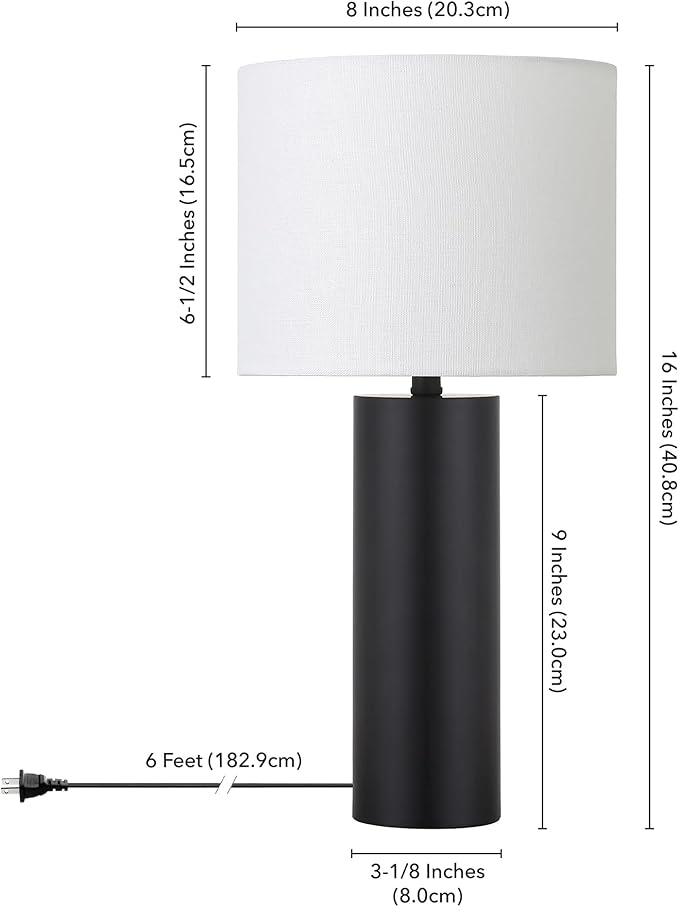 Henn&Hart 16'' Mid-Century Modern 1-Light Table Lamp with White Fabric Drum Shade for Living Room, Bedroom, or Office, Blackened Bronze