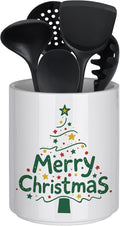 Christmas Utensil Holder Ceramic Cooking Utensil Holder for Kitchen Counter, Large Spatula Holder Glossy White Christmas Gift Kitchen Decor （6.5”H x 5.5”D）