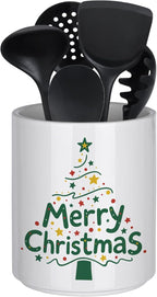 Christmas Utensil Holder Ceramic Cooking Utensil Holder for Kitchen Counter, Large Spatula Holder Glossy White Christmas Gift Kitchen Decor （6.5”H x 5.5”D）