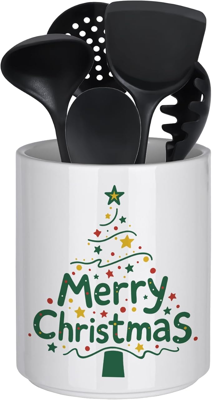 Christmas Utensil Holder Ceramic Cooking Utensil Holder for Kitchen Counter, Large Spatula Holder Glossy White Christmas Gift Kitchen Decor （6.5”H x 5.5”D）