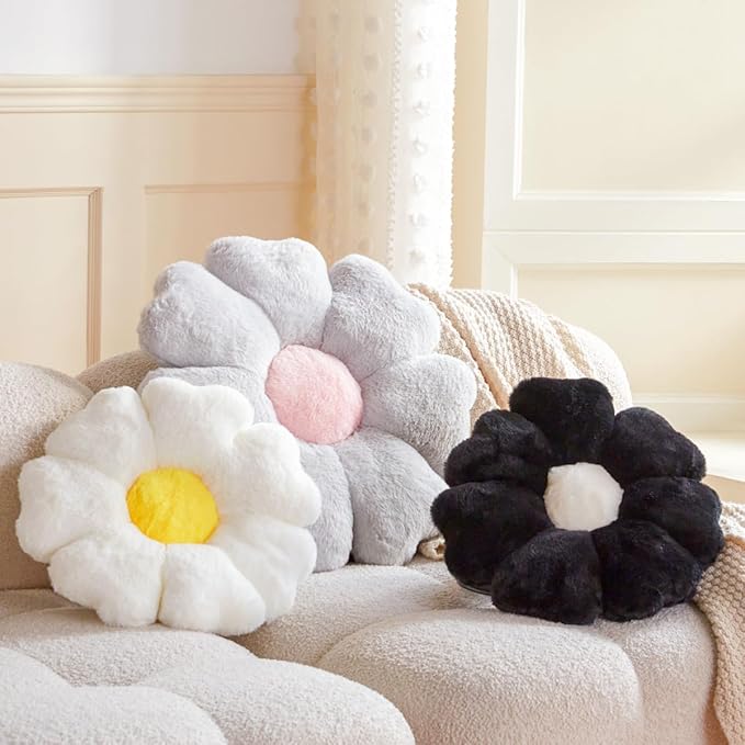 Flower Pillow, Black Daisy Flower Decorative Pillows for Bed, Cute 19.6" Flower Shaped Pillow with Soft Faux Rabbit Fur Dorm Home Decor Floor Seating Cushion