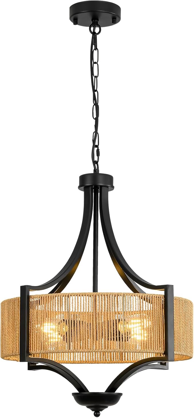 4-Light Rattan Chandelier Light Fixture, 18” Black Metal and Hand-Woven Wicker Shade, Semi-Flush Mount Boho Farmhouse Pendant Lighting for Dining Room, Living Room, Kitchen Island, Bedroom