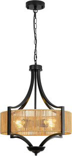 4-Light Rattan Chandelier Light Fixture, 18” Black Metal and Hand-Woven Wicker Shade, Semi-Flush Mount Boho Farmhouse Pendant Lighting for Dining Room, Living Room, Kitchen Island, Bedroom
