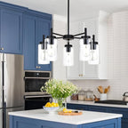 VINLUZ 5 Light Contemporary Chandeliers Black Modern Lighting Fixtures Hanging,Industrial Vintage Pendant Lights with Clear Glass Shade Flush Mount Ceiling Light for Dining Room Bedroom