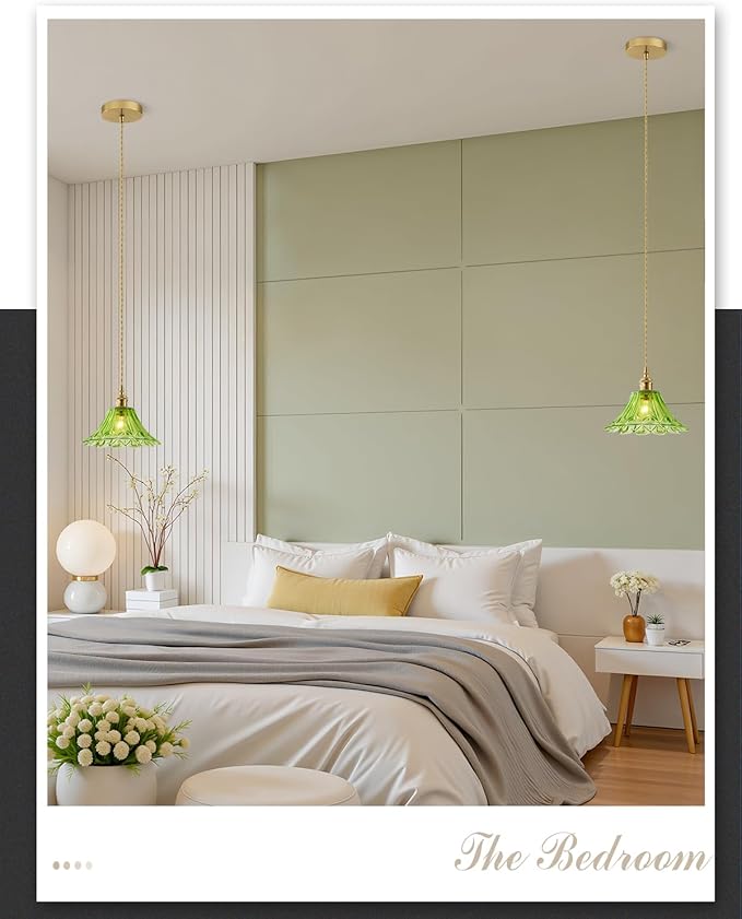 Vintage Glass Pendant Light，Green Flower Ceiling Pendant Light，Gold Adjustable Hanging Wire for Kitchen Island Dining Room Bedroom Hallway (9Inch - Green(B))