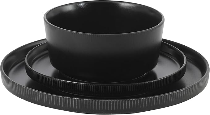 Gibson Home Dempsey Road 12-Piece Stoneware Dinnerware Set – Service for 4, Round Black Plates and Bowls, Durable Solid Color Modern Embossed Dish Set, Microwave & Dishwasher Safe