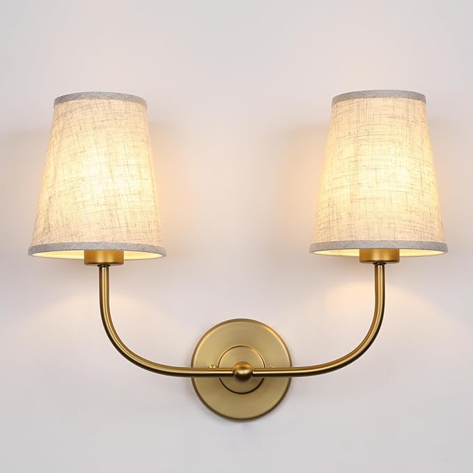 2-Lights Wall Sconces with Funnel Linen Fabric Shades, Double Light Wall Lamps for Bedroom Living Room Vanity Bathroom Hallway Stairway