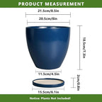 Ceramic Plant Pot - 8 Inch Planter for Indoor Outdoor Plants, Round Flower Pots with Drainage and Tray, Home Office Decor, Blue