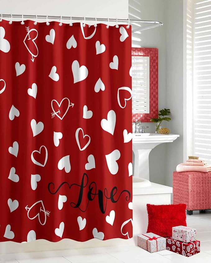Vandarllin Red Valentine's Day Shower Curtain, Valentines Love Heart Shower Curtains Set with Hooks, Waterproof Fabric Bathroom Curtains Decor Home Accessories, 60 X 72 Inch Long