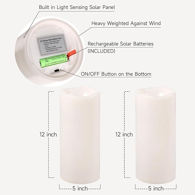 NURADA Large Outdoor Solar Candles Waterproof - 12" x 5" Rechargeable Solar Powered Flameless LED Pillar Flickering Candle for Patio Porch Lanterns Decor - Ivory White Set of 2